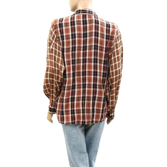 Free People Snow Mountain Plaid Buttondown Shirt Top Sequin Embellished S 274409 - Picture 5 of 7